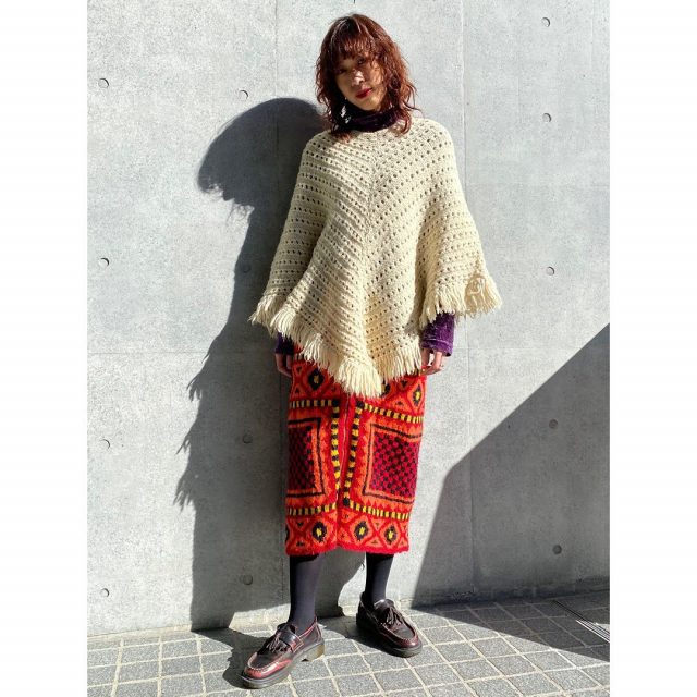 【women's】 
•fringe knit poncho 
•turtleneck velours tops
•embroidered knit long skirts 

#alaska_tokyo
#vintage
#shimokitazawa
#usedclothing